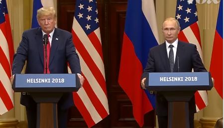 President Trump and President Putin stand at podiums