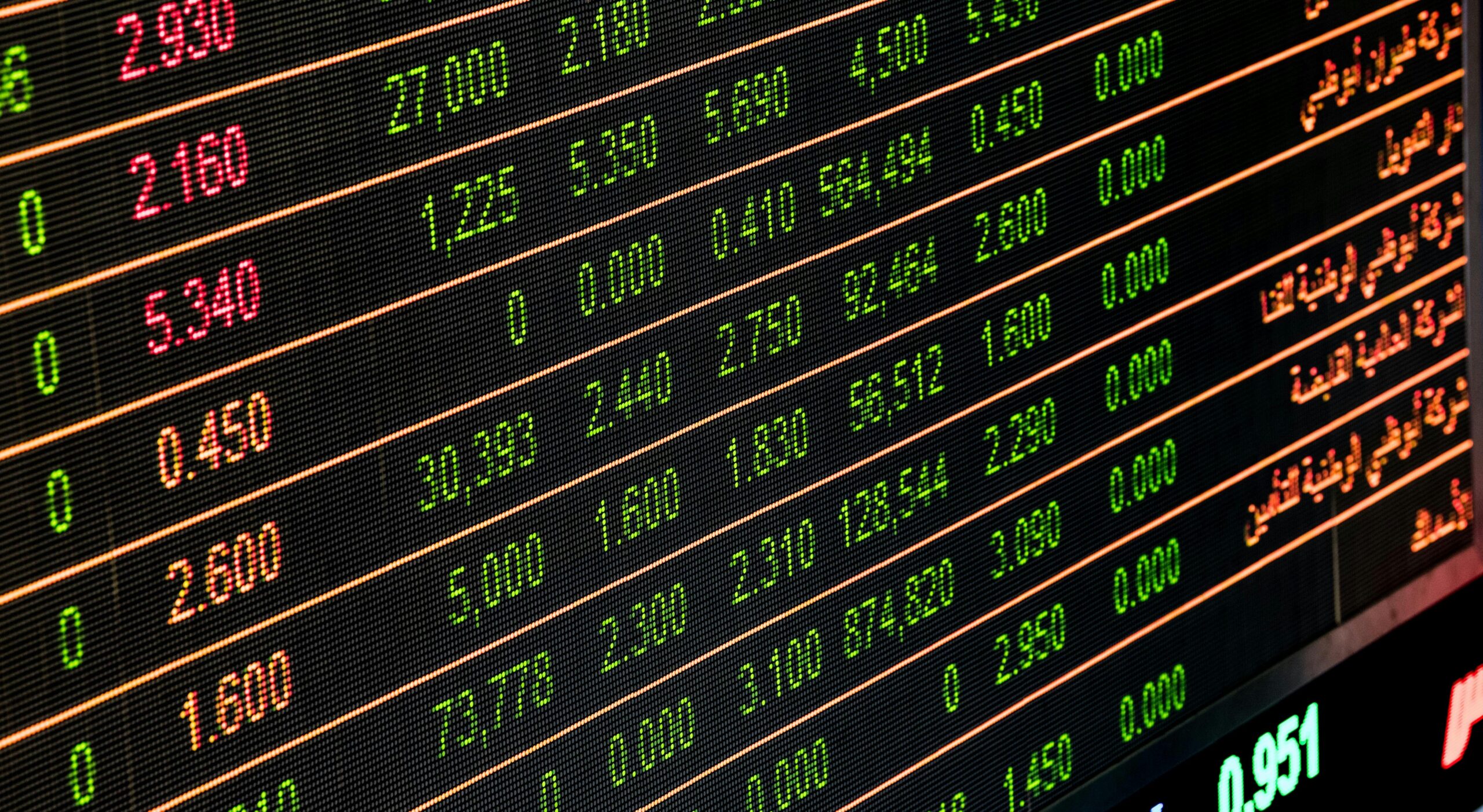 Stock market data displayed on a digital board with various green and red figures indicating changes in financial metrics.